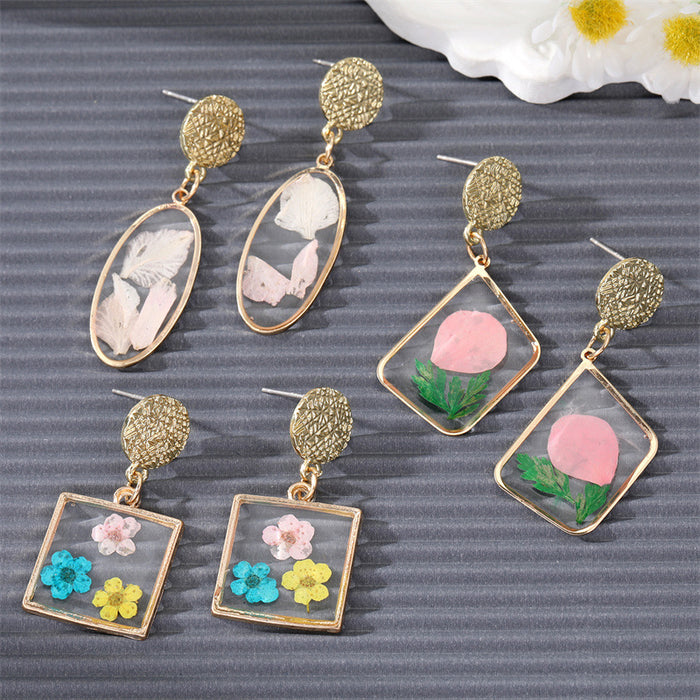 Three Design Gold Tone Geometric Resin Pressed Flower Drop Stud Earrings