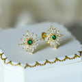 Gold Green Center Marquise Flower Clear Stud Earrings view 2