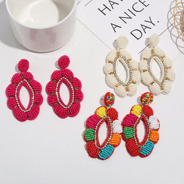 Bohemian Beaded Flower Drop Earrings With Rhinestone Trim