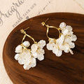 White Translucent Petal Cluster Gold Hoop Earrings view 2
