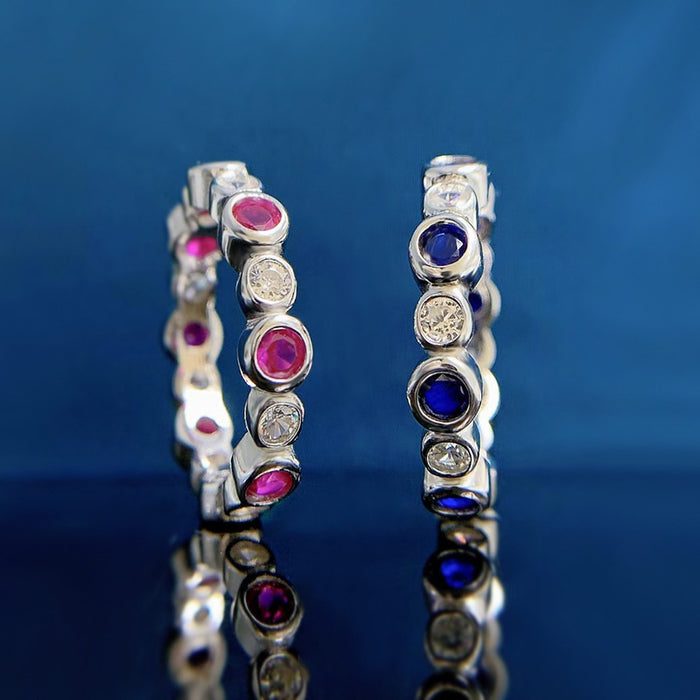 Silver Tone Bezel Stone Eternity Ring in Blue and Pink