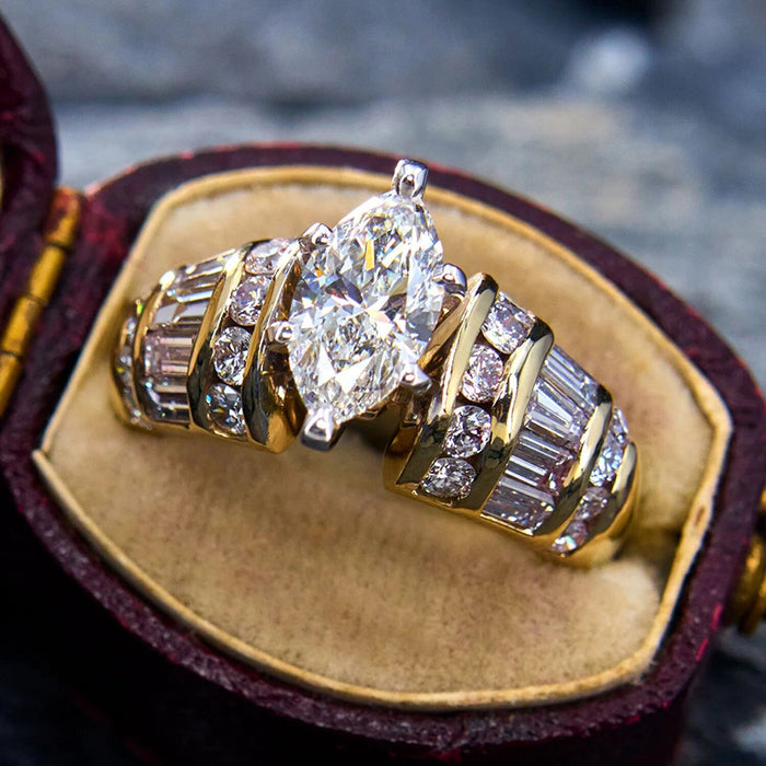 Marquise Clear Solitaire Baguette-Side Wide Ring In Two Tones