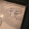 Silver Bow Double Chain Clear Look Dangle Earrings view 4