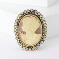 Antique Gold Cameo Brooch Rhinestone Oval Lady Portrait Pin view 1