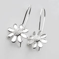 White Gold Daisy Flower Hook Earrings Textured Center Detail view 2