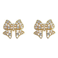 Gold Openwork Bow Pearl Clear Crystal Stud Earrings view 5
