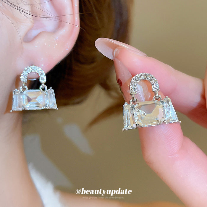 Silver Tone Crystal Handbag Stud Earrings With Square Drops