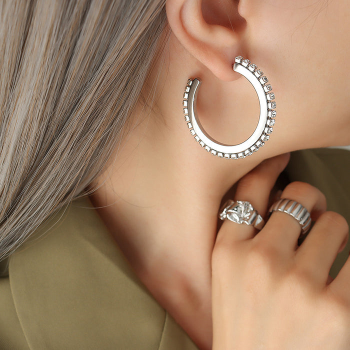 Steel Open Hoop Earrings Black Pave Zirconia Edge Pair