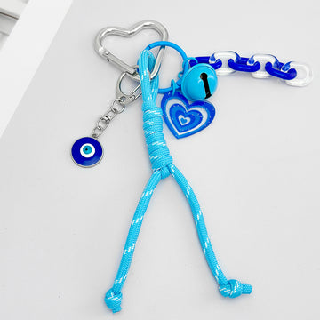 Blue Braided Cord Keychain With Heart Charm And Bell