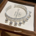 Silver Open Cuff Bangle Dangling Bell Charms Filigree view 2