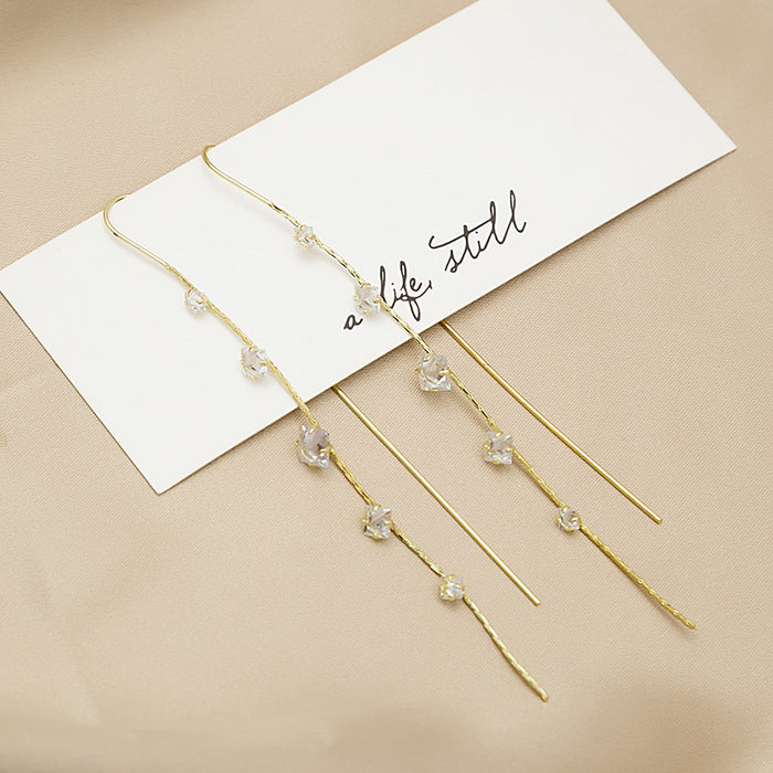 Gold Tone Clear Accent Long Chain Threader Earrings