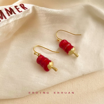 Gold Red Enamel Tanghulu Candy Skewer Hook Earrings Pair