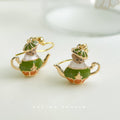 Gold Hook Enamel Squirrel Green Teapot Drop Earrings view 1