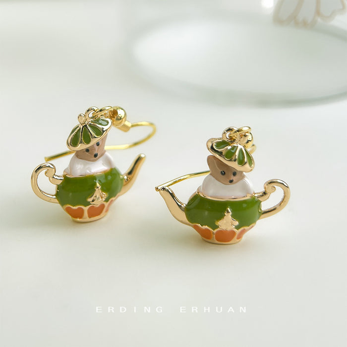 Gold Hook Enamel Squirrel Green Teapot Drop Earrings