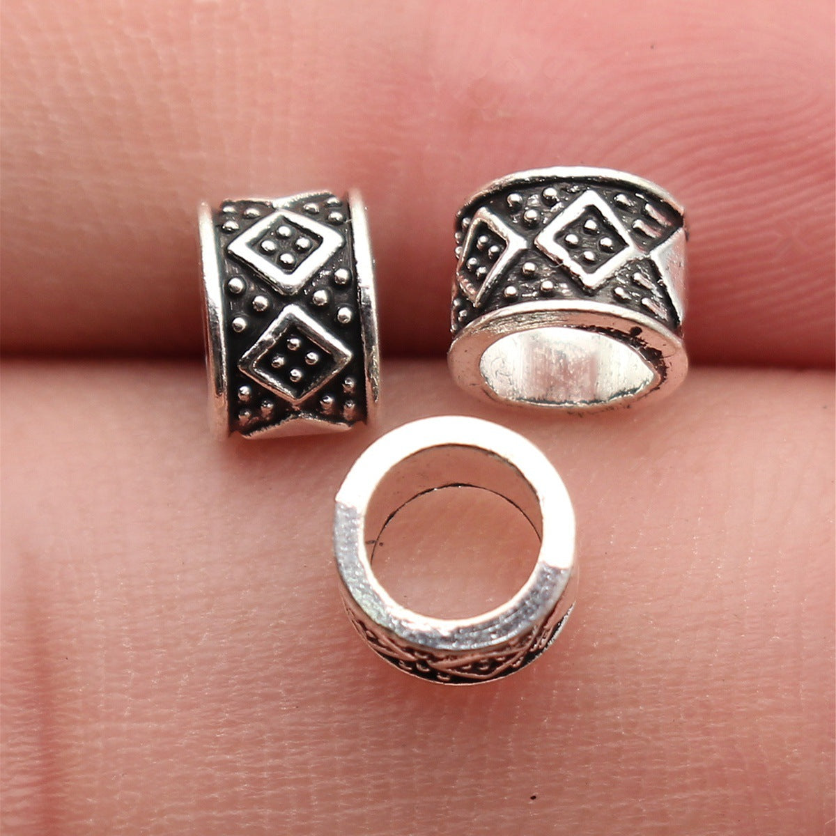 6.8x6.7x5mm 0.46g Antique Silver Zinc Alloy Geometric Diamond Pattern Large Hole Spacer Beads for Bracelet DIY