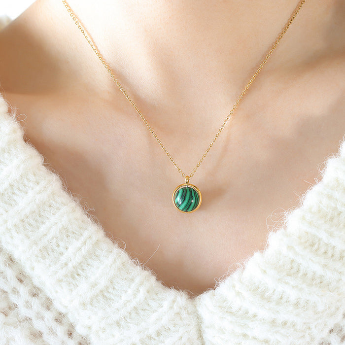 Green Banded Round Stone Bezel Pendant Necklace Gold Steel