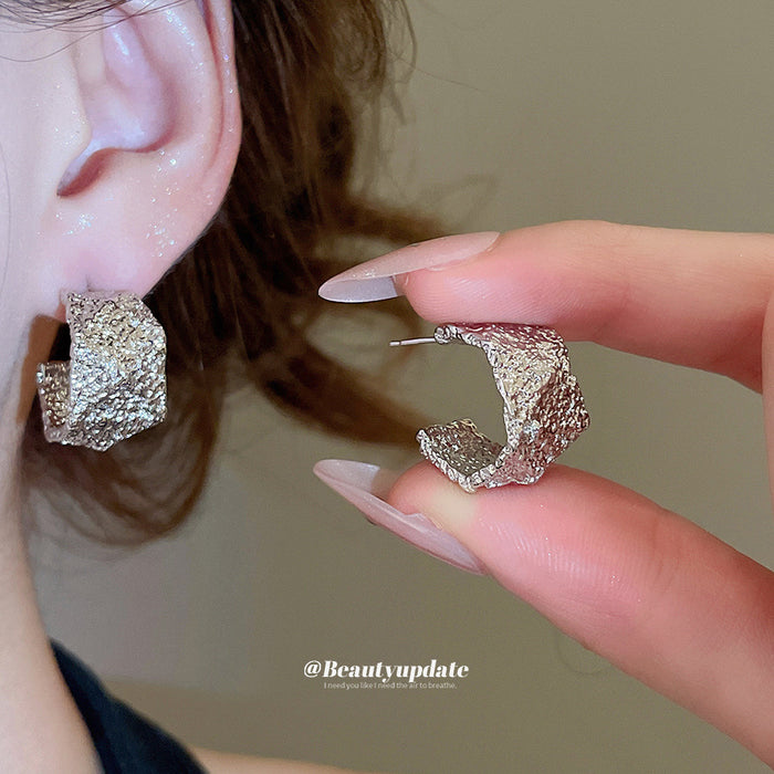 Textured Angular C Hoop Stud Earrings in Gold and Silver