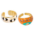 Gold Dual Evil Eye White Enamel Open Adjustable Ring view 5