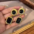 Black Rectangle Textured Gold Border Dangle Earrings view 4