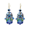 Gold Tone Printed Acrylic Hamsa Hand Evil Eye Hook Earrings in Eleven Designs view 11