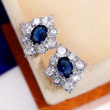 Deep Blue Oval Stone Floral Cluster Stud Earrings Silver Tone