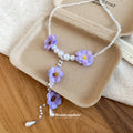 Purple Flower Pearl Lariat Necklace with White Beads and Long Drop view 2