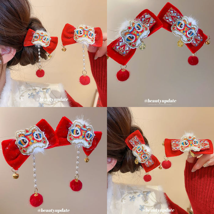 Red Velvet Lion Dance Bow Hair Clip Pair Tassel Styles