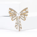 Openwork Bow Pearl Rhinestone Silver Gold Brooch Pin view 2