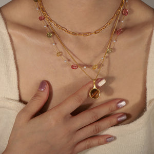 Round Agate Tiger Eye Pendant Necklace Natural Stone Pearl