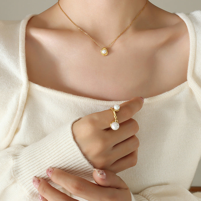 Shell Bezel Pearl Pendant Necklace Gold Steel Rose Gold