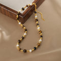 Brown and White Beaded Strand Necklace With Gold Tone Clasp view 2