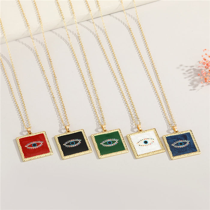 Gold Tone Textured Square Evil Eye Pendant Necklaces in Five Colors