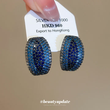 Pair of Metal Tone Blue Crystal Pave Rounded Hoop Earrings