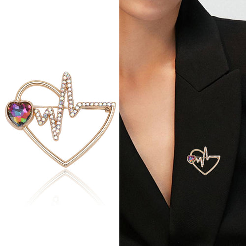 Gold heart ECG brooch product view and worn on black blazer lapel