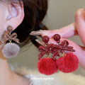 Bow and Faux Fur Pom Pom Stud Earrings in Taupe and Red view 2
