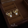 Gold Bow Pearl Clear Baguette Stud Earrings Pair Set view 4