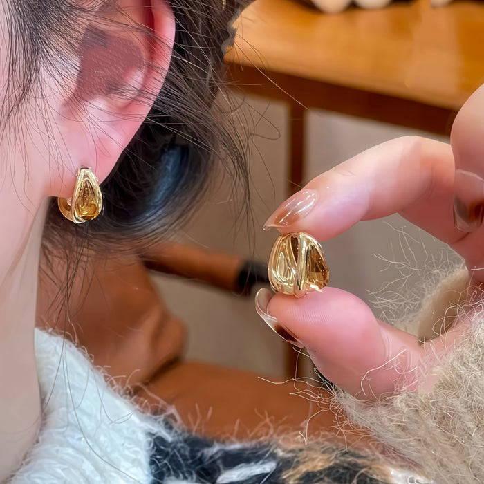 Gold Tone Teardrop Crystal Huggie Earrings Decorative Jewelry Pair
