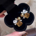 Brown and Clear Crystal Cluster with Pearl Stud Earrings view 6