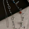 Mixed Ceramic Look Beaded Long Necklace With Decorative Metal Details view 2