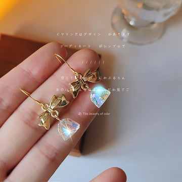 Gold-Tone Bow Clear Crystal Bell Drop Hook Earrings Pair