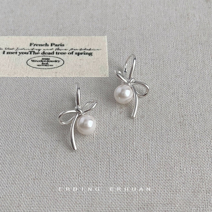 Silver Metal Ribbon Bow White Pearl Drop Earrings Pair