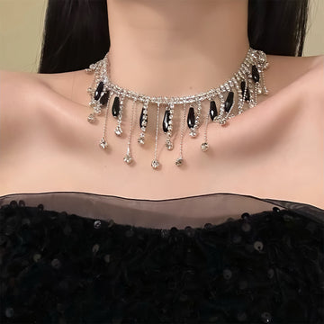 Black and Clear Crystal Fringe Choker Necklace with Crystal Accents