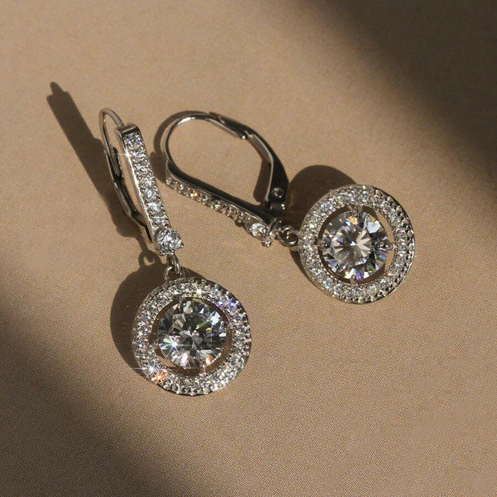 Silver Tone Round Stone Double Halo Dangle Earrings