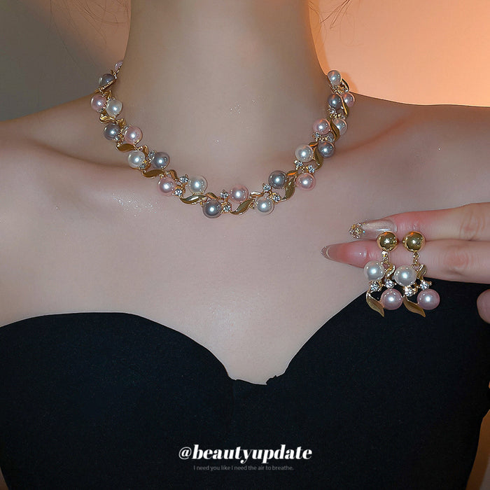 Gold Leaf Pearl Necklace Bracelet Drop Earrings Three Styles