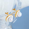 Pearl Center White Enamel Disc Stud Earrings Gold Rim view 3