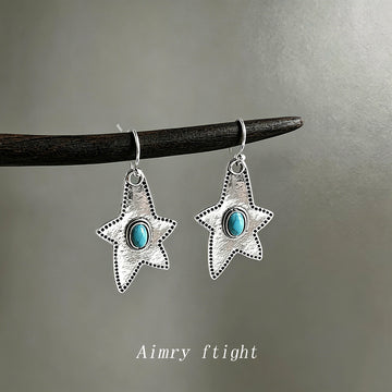 Antique Silver Star Turquoise Cabochon Hook Drop Earrings