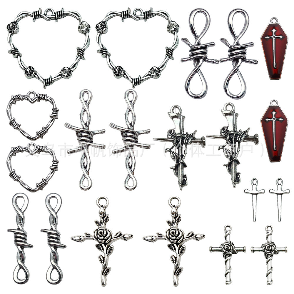 Zinc Alloy Cross Thorn Heart Charm Pendants for DIY Bracelet Necklace Keychain Jewelry