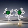 Silver Ribbon Bow Stud Earrings Green Square Stone view 2