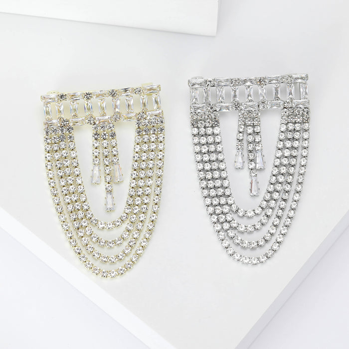 Rectangular Crystal Bar Brooch With Layered Chain Fringe