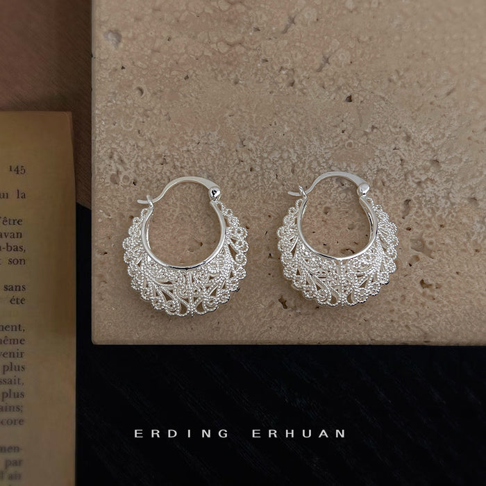 Silver Filigree Lace Openwork Hoop Earrings Crescent